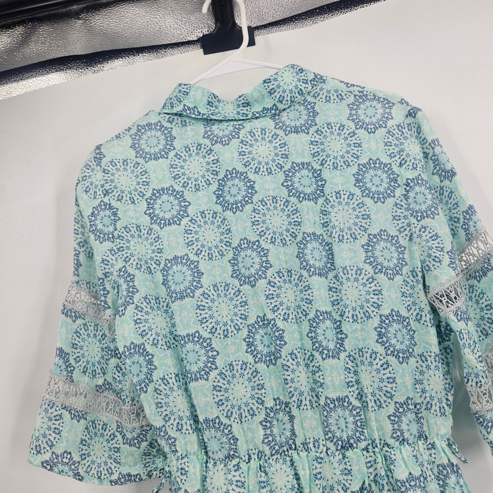 Temptation Positano Puebla Linen Dress Green Blue Medallion Lace Trim Mini Sz S - Picture 13 of 13